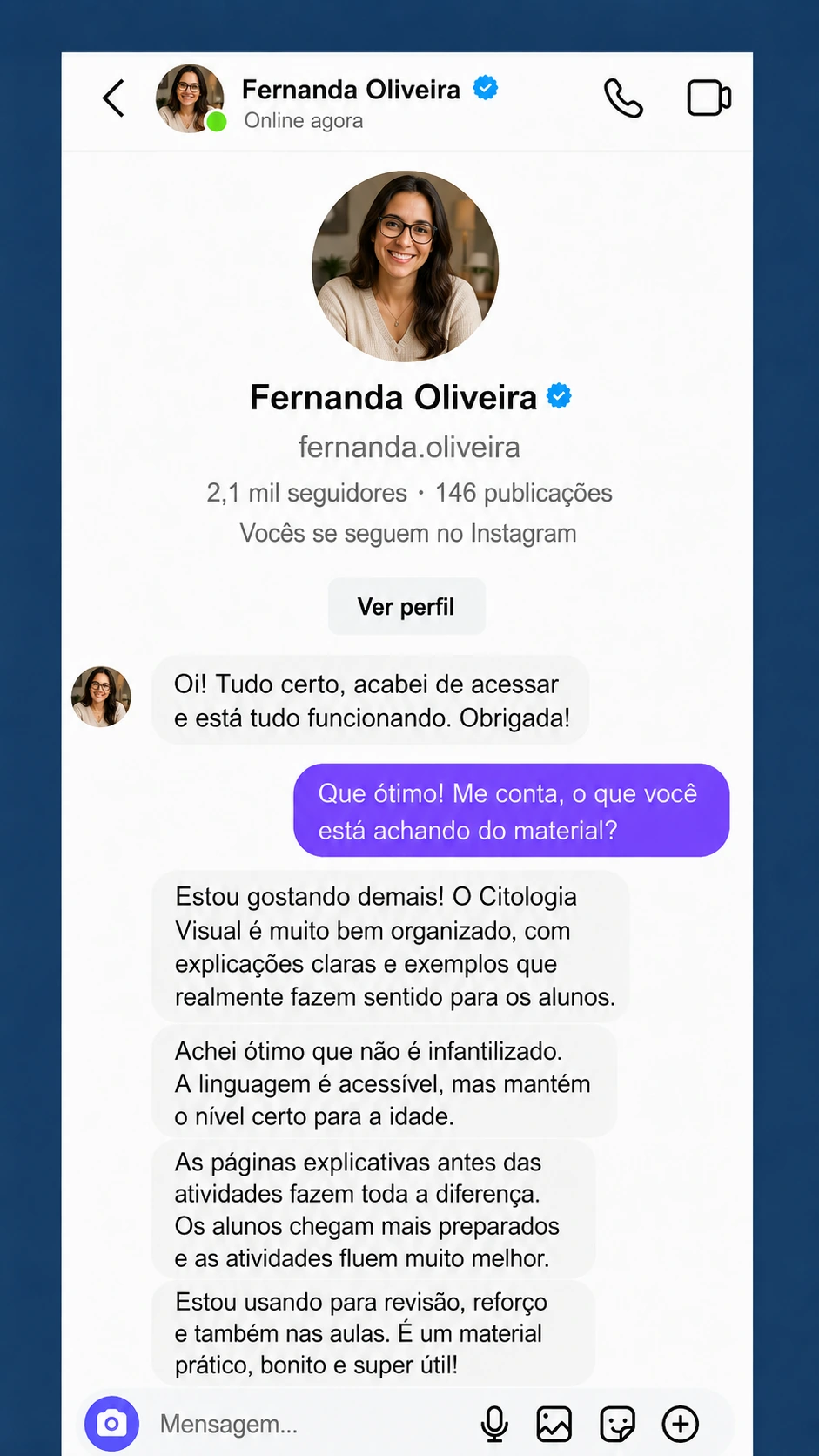 Depoimento via Instagram Direct sobre o Citologia Visual