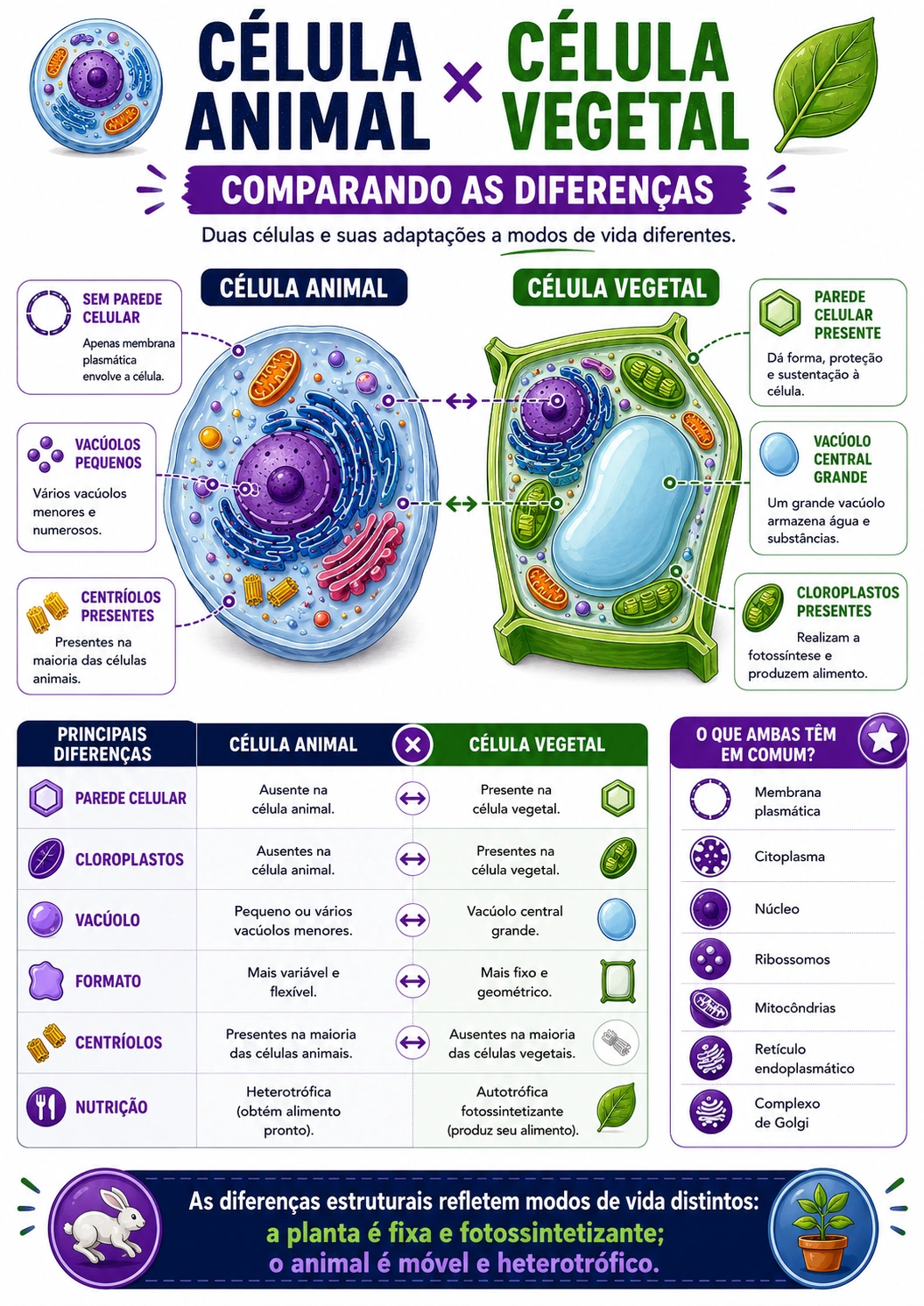 Página visual de Citologia: Célula Animal e Célula Vegetal — comparação